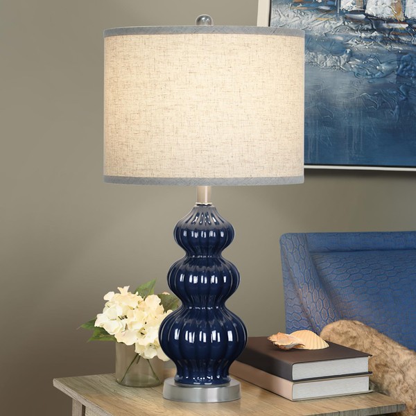 25" Ceramic Table Lamp Navy Blue Triple Gourd Ceramic Lamp