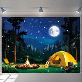 Forest Scene Camping Backdrop Night Campfire Tent Camping Adventure Photography Background for Children Adults Baby Shower Camper Party Decoration Banner Photo Props (10x8FT: 120x96 inch)