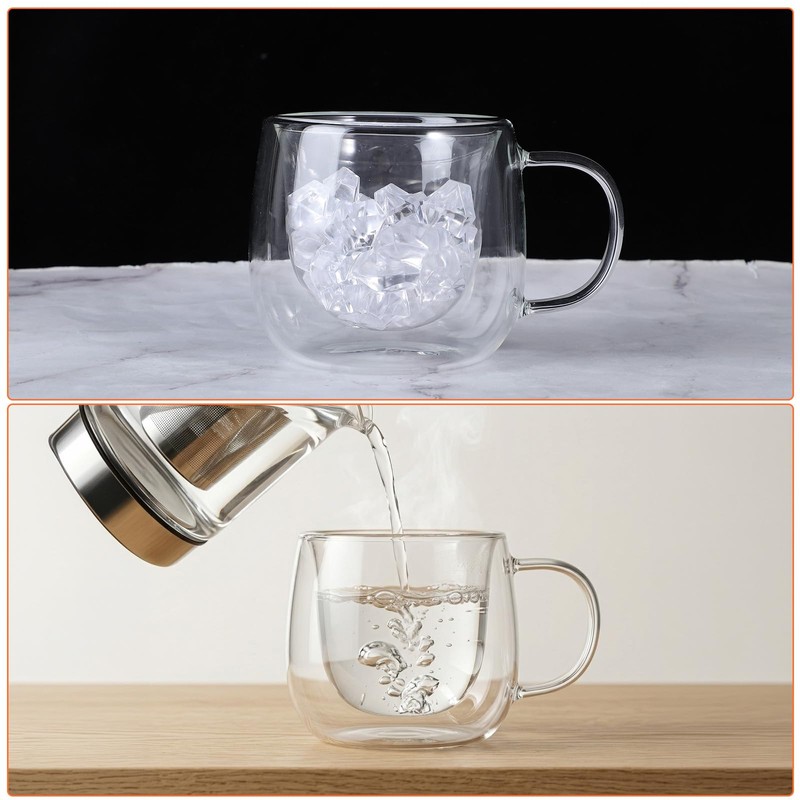 4 Pack Double Walled Glass Coffee Mugs with Handle, 10oz