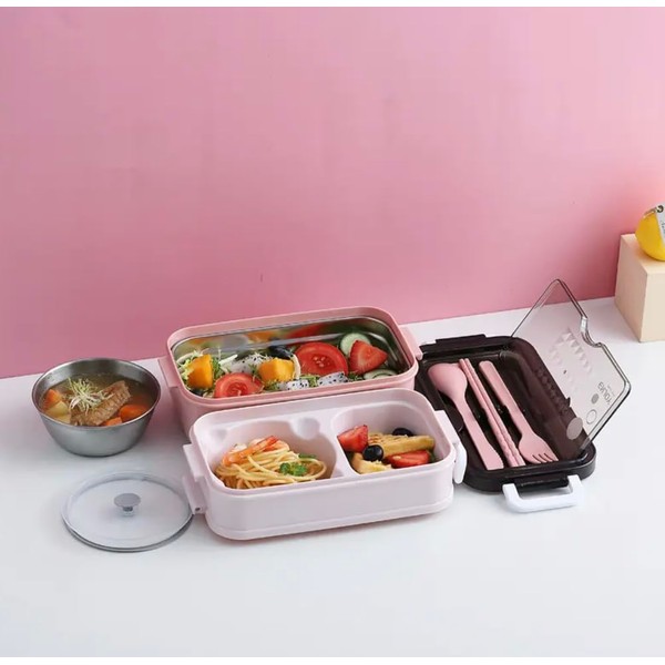 Lunch Box, 1400 ml 3 katlı beslenme kutusu, çatal bıçak