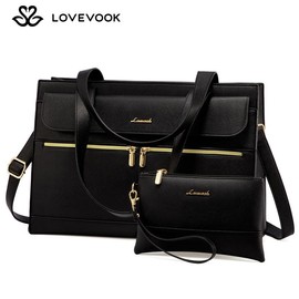 LOVEVOOK Laptop Tote Bags 15.6-17.3 inches for Woman with Clutch Purse, Large Business Teacher Office Crossbody Purse with 2 Cup Holder, Compact Waterproof Vegan Leather Shoulder Bags and Computer bag for Work, Office, Casual.:_Black_17.3''