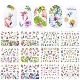 Set of 12 Flamingo Flower Flower Monstera Nail Stickers Water Nail Stickers Gel Nail Self Nail Resin Flamingo Birds Summer Nail Stickers Pink Flamingo Stickers Pink