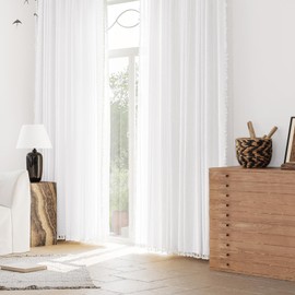 BTTN Curtains 63 Inch Length 2 Panels Set, Boho Farmhouse Linen Textured Embroidery Tassel Drapes for Bedroom Living Room Nursery, Bohemian Vintage Retro Luxury Semi Sheer Window Curtain, 52x63, White