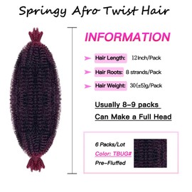 FFDDear 6 Packs Pre-Separated Springy Afro Twist Hair 12 Inch Spring Twist Hair Ombre Red Marley Twist Crochet Braiding Hair for Soft Locs Hair Synthetic Hair Extensions for Women (12Inch,TBUG)