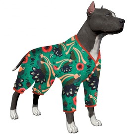 LovinPet Pitbull Dog Pajamas - Pet Anxiety Relief Shirt, UV Protection Dog Clothes, Comfy Lightweight Fabric, Turquoise Peacock Prints,Large Dog Pjs, Pitbull Clothes,Green L