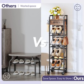 SWTYMIKI Rolling Vertical Shoe Rack - Shoe Tower with Drawer and Hooks, Shoe Storage Organizer for Entryway Closet Bedroom, Space-Saving Wood and Metal Narrow Shoe Shelf, Espresso