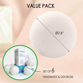 6 Pack XL Wool Dryer Balls - 100% New Zealand Premium Wool, Reusable Natural Fabric Softener for Large Loads, Anti-Static, Lint-Free, Essential Oil Compatible, Laundry Room Essentials