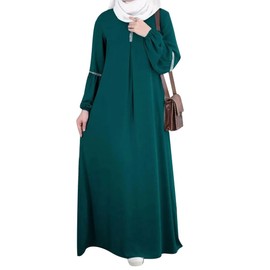 IDOPIP Muslim Abaya Hijab Dress for Women Casual Sequin Sundress Ramadan Dubai Kaftan Robe Solid Party Holiday Long Sleeve Islamic Prayer Clothing Green Small