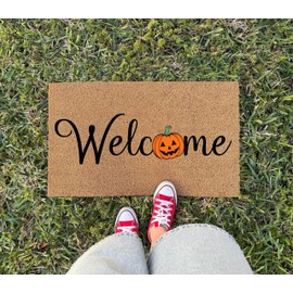 Welcome Pumpkin Doormat - Fall Front Door Mat, Autumn Outdoor Coir Welcome Rug, Seasonal Porch Home Decor