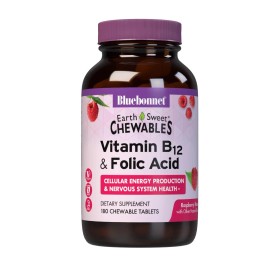 Bluebonnet Chewable Vitamin B12 Folic Acid Raspberry Flavor 180 Tablets Vegan