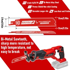 Souyou 50 Pack 6 Inch 14/18 TPI Bi-Metal Reciprocating Saw Blade Carbide Alloy Steel for Metal Steel Wood Cutting, Non-Stick Coated for Less Heat and Friction, for 1/16-5/16 Medium Metals
