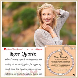 Wisedawn Rose Quartz Crystals Bracelet for Women, Unique Birthday Graduation Mothers Day Gifts for Mom Her Women Wife Friend, Healing Beaded Steel Stainless Silver Tennis Friendship Pink Bracelet