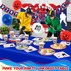 Hockey Party Decorations, 20 Guests Pcs Party Decorations tableware - Balloons Backdrop Plates Napkins Tablecloth etc Ice Hockey Birthday Party Supplies