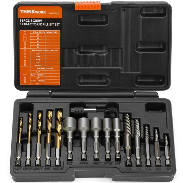 THINKWORK 16PCS Stripped Screw Extractor Set, Broken Bolt Extractor Kit,
