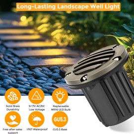 Gardencoin Brass Landscape Well Lights - 12V Waterproof LED Wired In-Ground Outdoor Lighting, Antique Bronze Grated Top Design for Landscaping/Garden/Walkway/Trees Without MR16 Bulb (4 Pack)