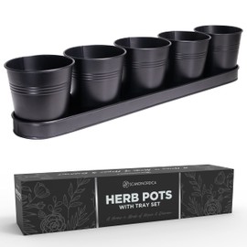 SCANDINORDICA Black Herb Planter – 5 Pots with Drainage Holes and Tray, Windowsill Planter, Herb Pots for Indoor Outdoor Plants | Kitchen & Garden Decor