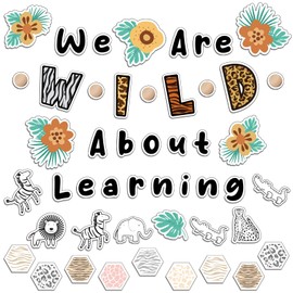 Ctosree 134 Pcs Safari We are Wild About Learning Bulletin Board Set with Sweet Leaf Flower Wood Bead Animals Cutouts Boho Neutral Classroom Bulletin Board for Classroom Bulletin Board Decor