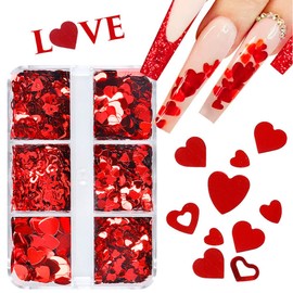 Mesiyun 3D Nail Art Heart Red Sequin Valentine's Day Holographic Laser Romantic Stickers Nail Art Glitter Decoration Decals for Woman Girl 6 Grids