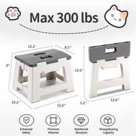 CasaZenith Step Stool Foldable, 9'' Folding Step Stool for Kids & Adults 300 Lb Capacity, Lightweight Small Collapsible Step Stool with Handle, Stepping Stools Suitable for Kitchen Bathroom (Gray)