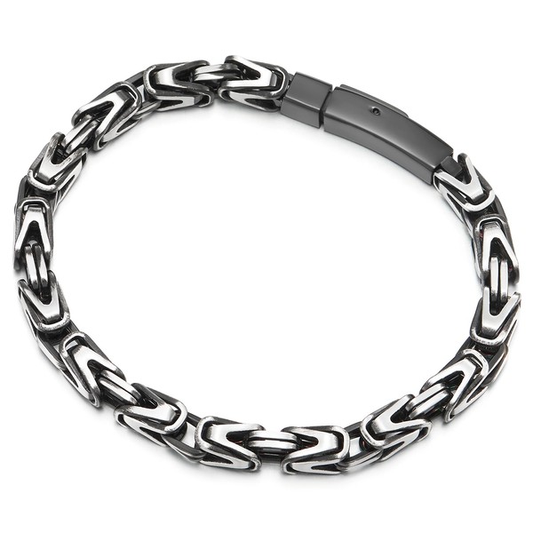 COOLSTEELANDBEYOND Silver Black Byzantine Chain, Satin Finished, Square Braided Link