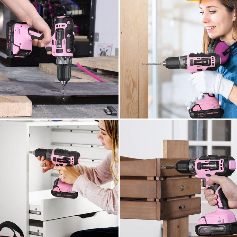 WORKPRO Pink Tool Kit with Drill, Tool Set with 20V