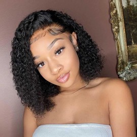 Legendhair 12 Inch Short Curly Bob Wigs Human Hair 13x6 HD Transparent Lace Front Human Hair Wigs for Black Women Deep Curly Wave Frontal Wigs Pre Plucked With Baby Hair Natural Hairline180% Density