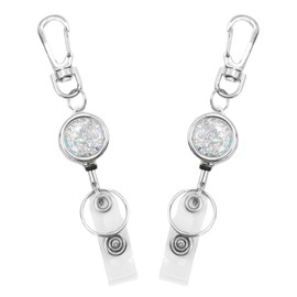 IBOVODI 2 Pack Glittery Silver Retractable Badge Reel Keychain, Heavy Duty Retractable Badge Holder for ID Card and Keys