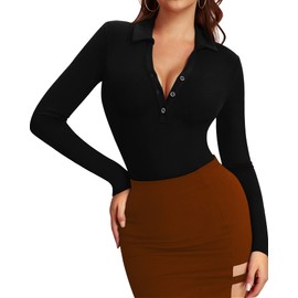 HERLOLLYCHIPS Womens Long Sleeve Collared Polo Tops V Neck Button Down Fitted Shirts (Black, X-Large)