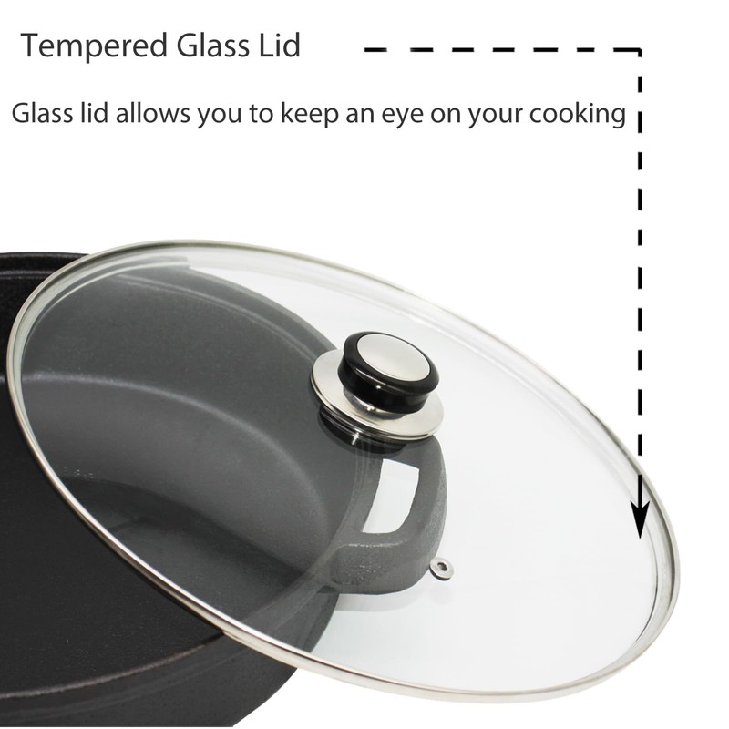 Opexscal Cast Iron Skillet with Tempered Glass Lid, 12-Inch Double