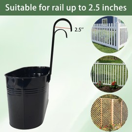 Joyfernal Hanging Planters for Outdoor Plants, 17" Railing Planter Pots, Metal Fence Flower Pot for Porch Balcony with Detachable Hook (Black, Pack of 6)