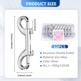 12 PCS Double Ended Snaps, 3.5 Inch Zinc Alloy Trigger Metal Clip, Silver Double Ended Snap Hooks for Pet Dog Leash, Water Bucket Hooks, Key Holder, Carabiner, Home, Farm, Other Indoor and Outdoor