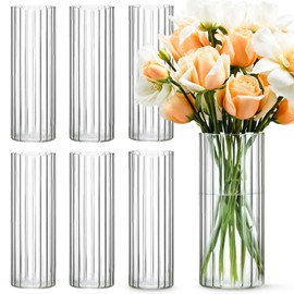SUREHOME Glass Cylinder Vases for Centerpieces 16 Pcs Clear Ribbed Glass Vase Tall Hurricane Vase 12 Inch Floating Candle Vases Bulk for Flower Vase Home Wedding Formal Dinners Table Centerpiece Decor