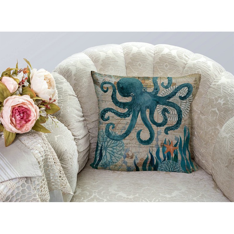 Smooffly Octopus Cushion Cover Cotton Linen Pillowcase Square Throw Pillow
