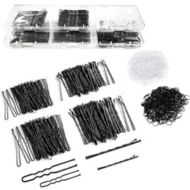 CAABISO 400PCS Hair Pins Bobby Pins Kit, 100 U Shaped & 100 Bobby Pins, 100 Clear Elastics Hair Ties 100 Black Hair Elastics Accessories for Women, 2.4 Inch and 2 Inch, Black