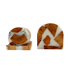 PAROTA | Juego 6 Portavasos y Servilletero para Mesa, Portavasos de Madera de Acacia con Resina Epoxica, Servilletero Premium de Madera Acacia con Resina Epoxica (Redonda)