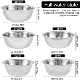 5 Piece Stainless Steel Mixing Bowl Sets with Measurement Markers Multipurpose Soup Basin 5 Sizes Space Saving Nesting Bowls Mixing Bowls for Baking Cooking Food Storage (0.5L,0.8L,1.55L,2.1L,2.6L)