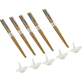 Happy Sales 5 Pairs White Crane Rests and Sashiko Design Chopsticks