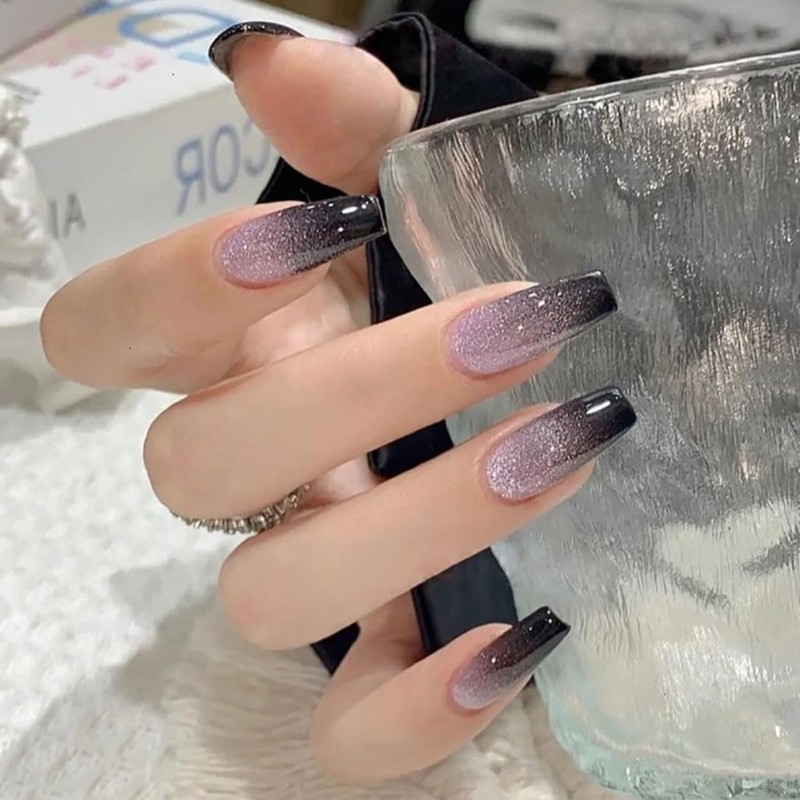 24 Pcs Black Gradient Pink Cat Eye Press on Nails
