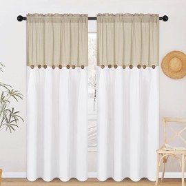 FRAMICS Farmhouse Cotton Linen Curtains for Living Room, Boho Button Curtains 84 Inch Length 2 Panels, Rustic Country Linen Window Curtains for Bedroom Rod Pocket Drapes, 52 x 84 Inch, Linen and White