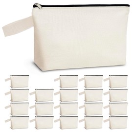 Koolmox 20 PCS Large Cosmetic Pouch with Bottom and Strap, 12Oz Thick Canvas Cosmetic Toiletry Tool Travel Organization Pouches Plain to Customize (Beige Bag w/Black Zipper, L, 12.2x7.4x 2.7'')