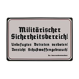 Tin Sign 30 x 20 cm Warning Sign Military Security Area Unauthorised Entering Prohibited Firearms Use Deko7