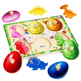 QODOFLR Wooden Puzzles for Toddlers 18+ Months, Dinosaur Egg Shape Puzzle for Boy Girl, Montessori Shapes Sorter Board Puzzle for 1 2 Year,Preschool Learning Toys for Baby Kids