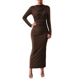 BTFBM Women Bodycon Maxi Dress Long Sleeve Back Slit Ruched Elegant Party Cocktail Formal Fall Wedding Guest Dresses(Dark Coffee, Medium)