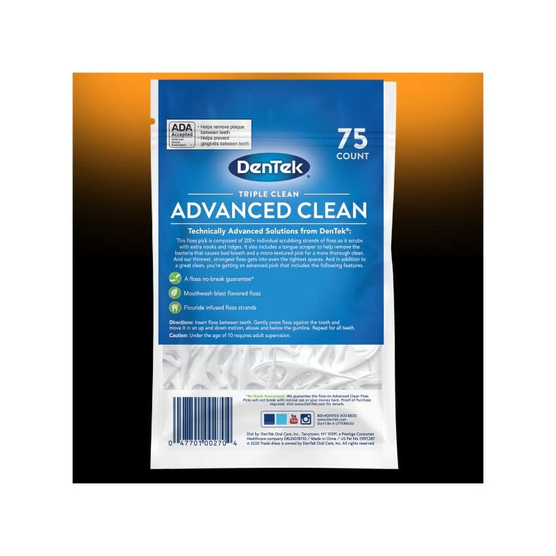 DenTek Triple Advanced Clean Mouthwash Blast Floss Picks, 75 Count,