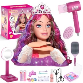 Princess Hair Styling Doll Head Makeup Kit for Girls- Pink, Purple Highlighted Wavy Hair Salon Set with 20+ Accessories - Makeup & Braiding Playset - 
