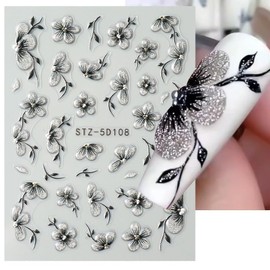 Flower Nail Stickers Black Stickers for Nails Floral Nail Decals Glitter Design Summer Autumn Nail Art Stickers 5D Embossed Adhesive Fall Flowers Gel Nail Stickers for Women Girls