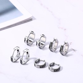 Flongo Unisex Viking Hoop Earrings Geometric Triangle Hexagon Cross Earrings for Men Women Punk Hip-Hop Vintage Gothic Huggie Earrings Stainless Steel Stud Earrings, Stainless Steel, No Gemstone