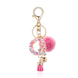 OKAICEN Deep Pink Resin Alphabet Initial Letter Keychain Keyring for Women Purse Handbags With Tassel&Fur Ball Pom('Q')