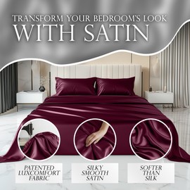 DECOLURE Bed Linen Set, Queen 6pcs - Satin Sheets with Deep Pocket, Elegant All-Season Silky Soft Bedding, Luxurious Silk Feel, Comfy Satin Full Sheet Set (Rosewood)