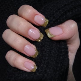 Square False Nails Short - 24Pcs French Tip Glitter Gold Press on Nails - Natural Nude Pink Shimmer Golden Coffin Glue on Nails - Glossy Full Cover Acrylic Stick on Nail for Women Decoration Nail Art